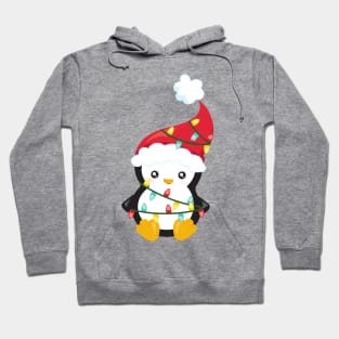 Christmas Penguin, Santa Hat, Christmas Lights Hoodie